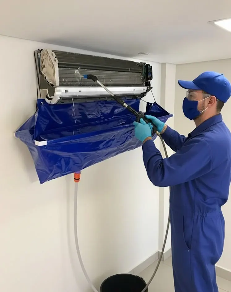 Técnico higienizando ar-condicionado